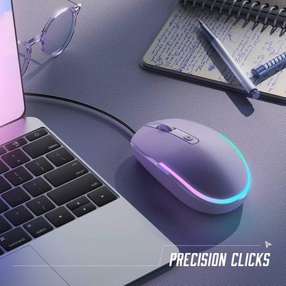 Wired Mouse - USB Computer Mouse Wired with RGB Backlit Optical LED Mouse with Attached USB Cord for Laptops Notebooks Chromebook - Purple
